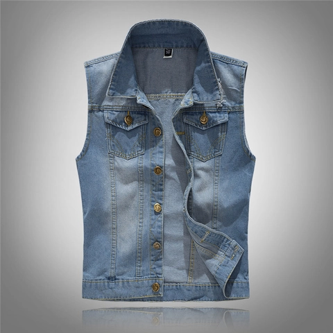 Gilet en Jean Bleu Clair Décontracté Coupe Ajustée Homme Déchiré Délavé Mélange Coton Veste Sans Manches Col Revers Simple Boutonnage