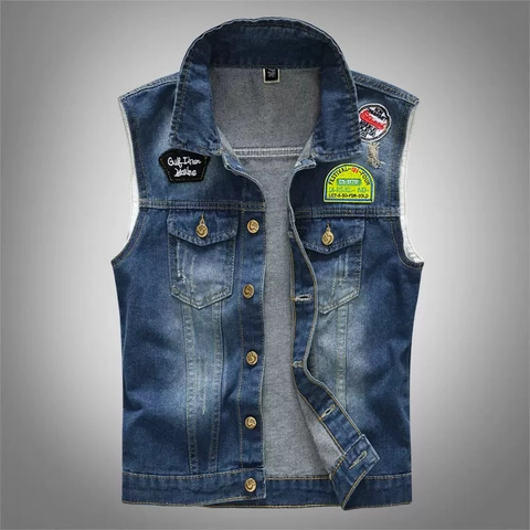 Men's Slim Fit Denim Vest Vintage Washed Distressed Sleeveless Jacket With Embroidery Patchwork Single Breasted Casual Outerwear