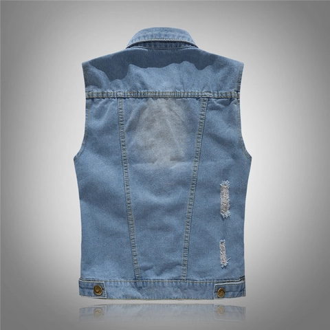 Gilet en Jean Bleu Clair Décontracté Coupe Ajustée Homme Déchiré Délavé Mélange Coton Veste Sans Manches Col Revers Simple Boutonnage