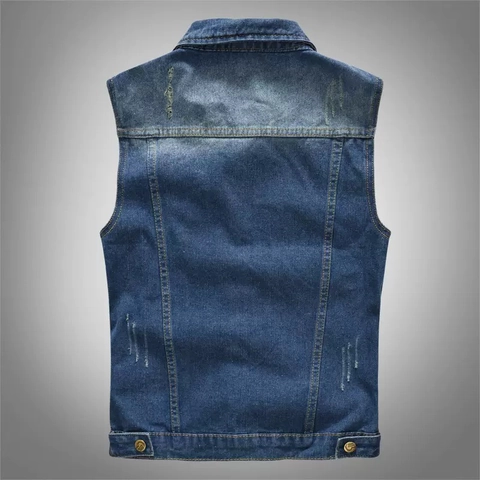 Men's Slim Fit Denim Vest Vintage Washed Distressed Sleeveless Jacket With Embroidery Patchwork Single Breasted Casual Outerwear