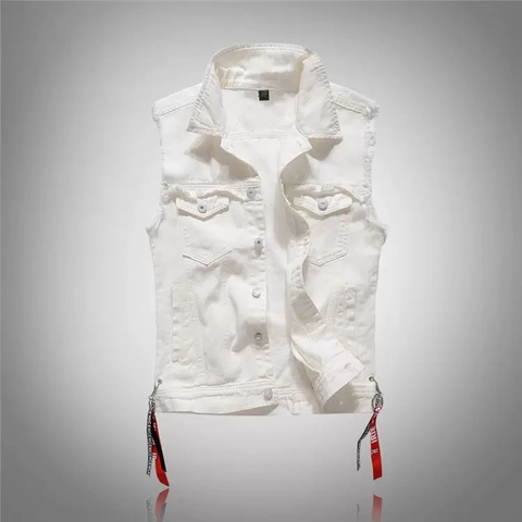 Gilet in Jeans Bianco da Uomo Slim Fit Coreano con Bordi Sfrangiati Streetwear Giacca Senza Maniche con Nastri Stampati