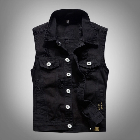 Gilet di Jeans Nero da Uomo Strappato Effetto Usurato Senza Maniche Giacca Cotone Stampa Slogan Casual Streetwear