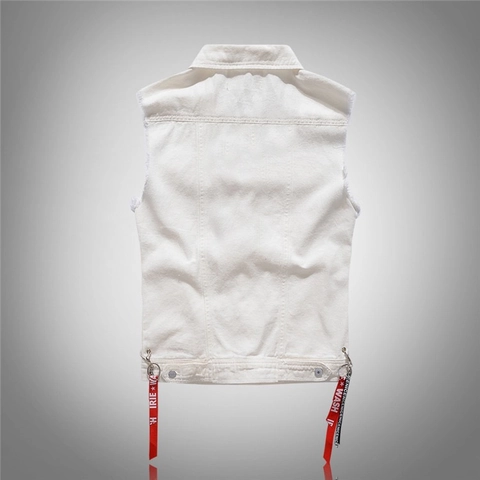 Gilet in Jeans Bianco da Uomo Slim Fit Coreano con Bordi Sfrangiati Streetwear Giacca Senza Maniche con Nastri Stampati