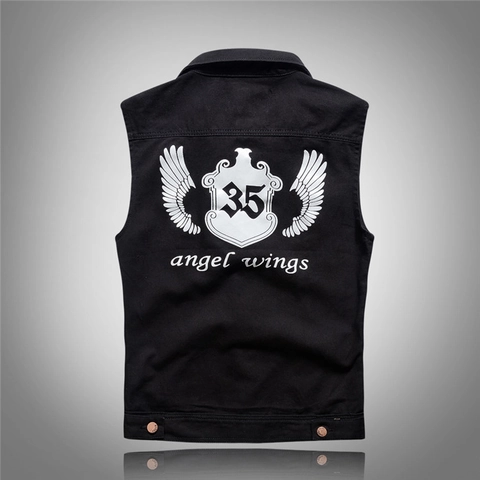 Gilet di Jeans Nero Casual da Uomo Slim Fit con Stampa Ali sul Retro Giacca Senza Maniche Streetwear alla Moda