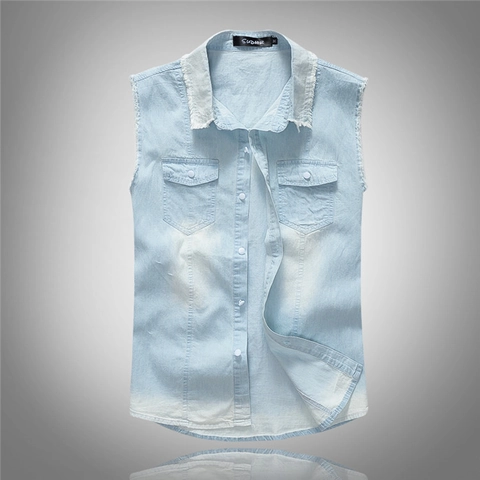 Gilet en Denim Sans Manches Pour Hommes Coupe Slim Bleu Clair Simple Boutonnage Veste En Denim De Coton À Bords Effilochés