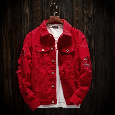 Men Street Distressed Ripped Denim Jacket Long Sleeve Cotton Loose Korean Style Fashion Solid Color Outerwear Coat