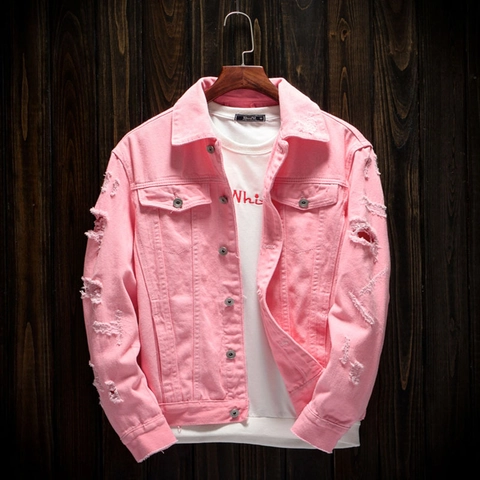 Men Street Distressed Ripped Denim Jacket Long Sleeve Cotton Loose Korean Style Fashion Solid Color Outerwear Coat