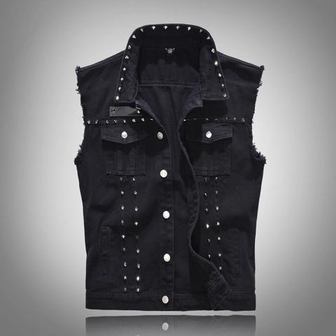 Gilet in Denim Nero da Uomo Punk Rock con Borchie Slim Fit Giacca Senza Maniche Motociclista in Misto Cotone Taglie Forti