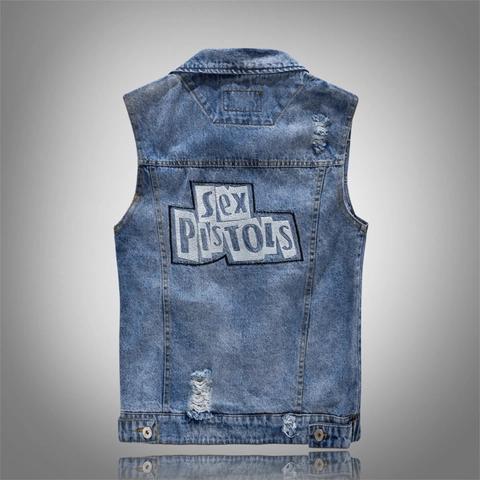 Herren Distressed Denim Weste Zerrissene Ärmellose Jacke Retro Buchstaben Stickerei Punk Rock Stil Slim Fit Gewaschene Blaue Gilet