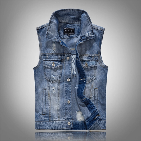 Herren Distressed Denim Weste Zerrissene Ärmellose Jacke Retro Buchstaben Stickerei Punk Rock Stil Slim Fit Gewaschene Blaue Gilet