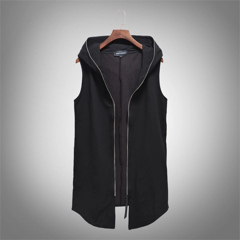 Men's Casual Hooded Vest Slim Fit Longline Sleeveless Zipper Hoodie Sweatshirt Vest Solid Color Curved Hem Streetwear Top
