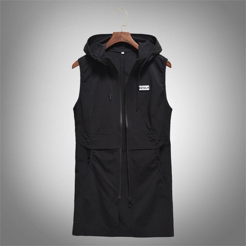 Gilet à Capuche sans Manches Décontracté pour Hommes Polyester Mince Style Long Grande Taille Gilet Zippé Mode Coréenne Noir