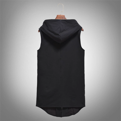 Men's Casual Hooded Vest Slim Fit Longline Sleeveless Zipper Hoodie Sweatshirt Vest Solid Color Curved Hem Streetwear Top