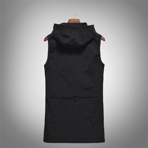 Gilet à Capuche sans Manches Décontracté pour Hommes Polyester Mince Style Long Grande Taille Gilet Zippé Mode Coréenne Noir