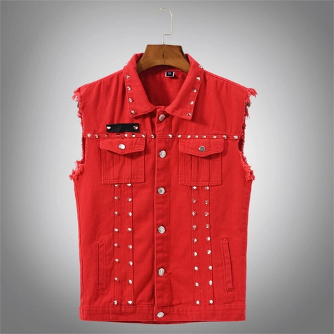 Men's Red Denim Vest Punk Rock Metal Rivets Spikes Distressed Slim Fit Cotton Jeans Waistcoat Streetwear Fashion Sleeveless Top