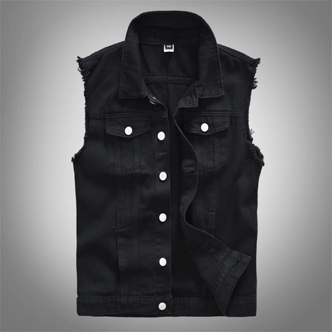 Chaleco de Denim Negro Casual para Hombre Distressed Bordes Deshilachados Chaqueta Sin Mangas Con Bolsillos con Solapa Streetwear Slim Fit