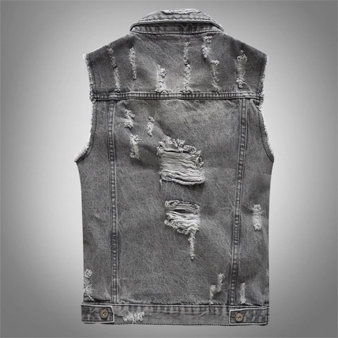 Gilet en Denim Distressed pour Hommes Gris Délavé Déchiré Veste Sans Manches Streetwear Coupe Ajustée Simple Boutonnage Gilet Décontracté
