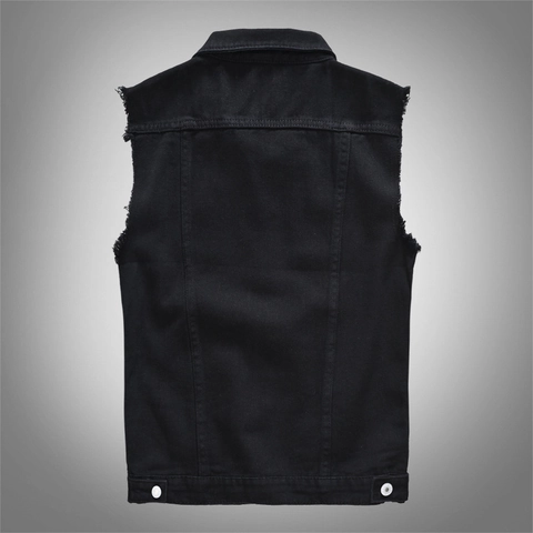 Chaleco de Denim Negro Casual para Hombre Distressed Bordes Deshilachados Chaqueta Sin Mangas Con Bolsillos con Solapa Streetwear Slim Fit