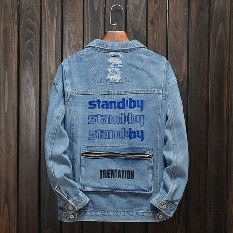 Men's Distressed Denim Jacket Vintage Letter Embroidery Loose Fit Cotton Wash Blue Jean Coat Casual Streetwear Outerwear