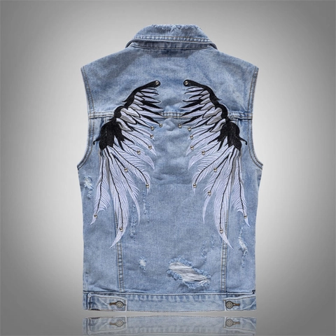 Men's Streetwear Light Blue Denim Vest Sleeveless Jacket Wing Embroidery Rivets Distressed Ripped Design Cotton Casual Waistcoat