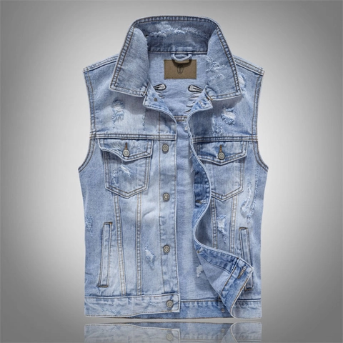 Men's Streetwear Light Blue Denim Vest Sleeveless Jacket Wing Embroidery Rivets Distressed Ripped Design Cotton Casual Waistcoat