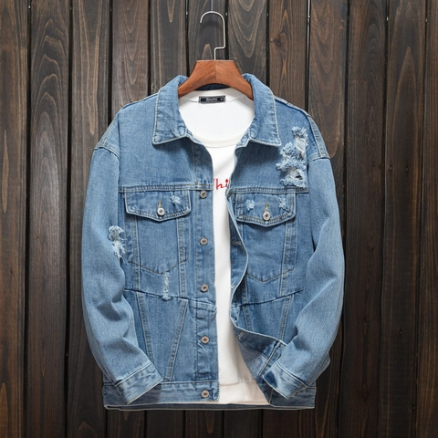 Men's Distressed Denim Jacket Vintage Letter Embroidery Loose Fit Cotton Wash Blue Jean Coat Casual Streetwear Outerwear