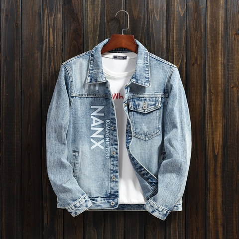 Veste en Jean Homme Bleu Clair Délavé Streetwear Brodé Lettre Imprimé Décontracté Coupe Slim Manteau