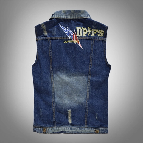 Men Retro Denim Vest Lightning Embroidery Distressed Ripped Sleeveless Jacket Casual Cotton Denim Waistcoat Outwear