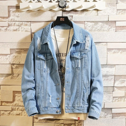 Chaqueta de Mezclilla Distressed Casual para Hombre Lavado Azul Claro Rasgada Manga Larga Solapa Botonadura Sencilla Streetwear Top