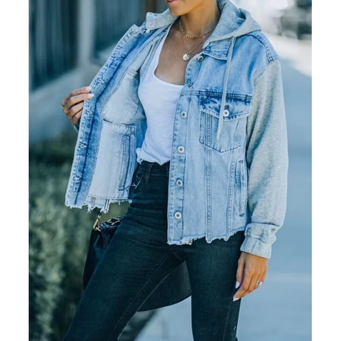 Giacca di Jeans Oversize con Cappuccio da Donna Top Outdoor a Maniche Lunghe Denim Lavato con Orlo a Taglio Vivo Moda
