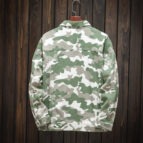 Men Casual Camouflage Denim Jacket Military Style Loose Fit Single Breasted Long Sleeve Washed Cotton Coat Outerwear For Men