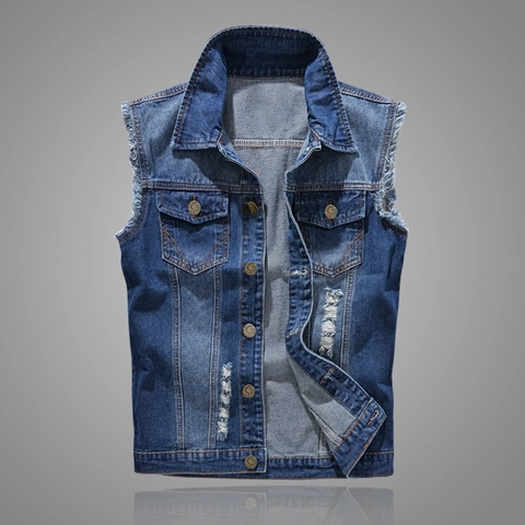 Gilet en Denim Distressed Homme Coupe Cintrée Déchiré Veste Sans Manches Rétro Bleu Coton Gilet Streetwear Toutes Saisons