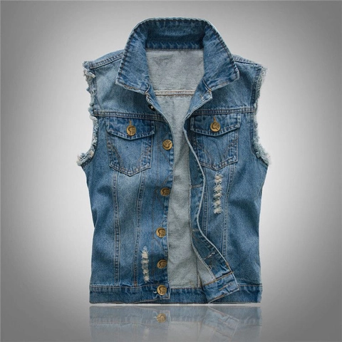 Herren Casual Denim Weste Zerrissen Ausgefranste Kante Baumwolle Slim Fit Ärmellose Jacke Retro Washed Weste Herren