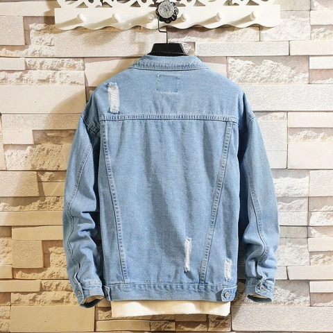 Chaqueta de Mezclilla Distressed Casual para Hombre Lavado Azul Claro Rasgada Manga Larga Solapa Botonadura Sencilla Streetwear Top