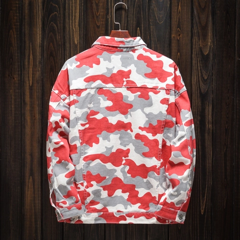 Men Casual Camouflage Denim Jacket Red White Gray Color Block Long Sleeve Turn-down Collar Loose Fit Utility Workwear Coat
