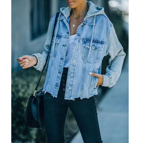 Giacca di Jeans Oversize con Cappuccio da Donna Top Outdoor a Maniche Lunghe Denim Lavato con Orlo a Taglio Vivo Moda