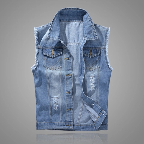 Herren Distressed Denim Weste Hellblau Gewaschen Ärmellose Jacke Mit Revers Taschen Casual Baumwolle Outwear Für Männer