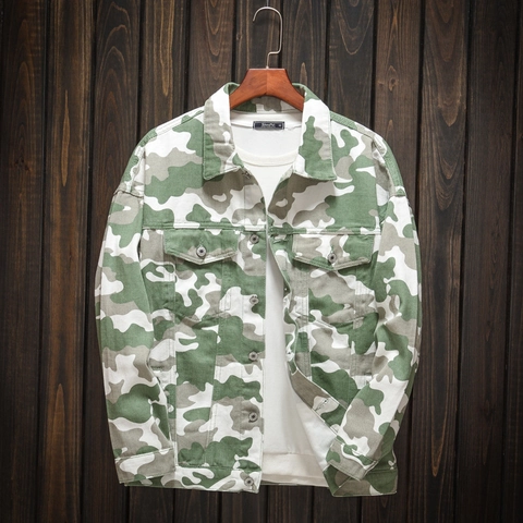 Men Casual Camouflage Denim Jacket Military Style Loose Fit Single Breasted Long Sleeve Washed Cotton Coat Outerwear For Men