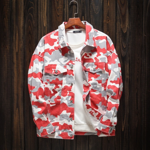 Men Casual Camouflage Denim Jacket Red White Gray Color Block Long Sleeve Turn-down Collar Loose Fit Utility Workwear Coat