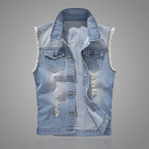 Men's Slim Fit Distressed Denim Vest Washed Cotton Light Blue Sleeveless Jacket With Heart Metal Buttons Vintage Streetwear Vest Top