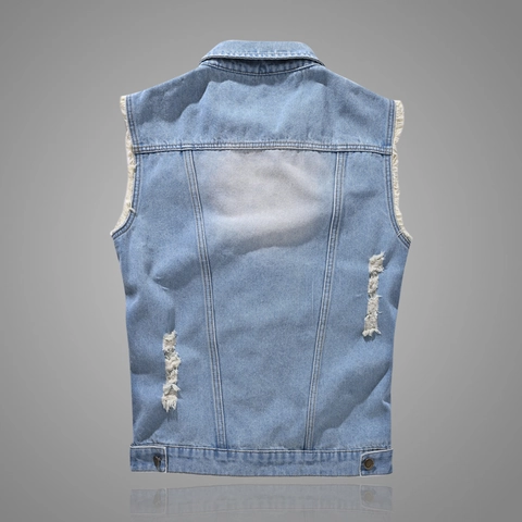 Men's Slim Fit Distressed Denim Vest Washed Cotton Light Blue Sleeveless Jacket With Heart Metal Buttons Vintage Streetwear Vest Top