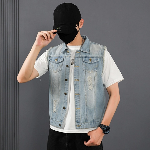 Heren Casual Denim Vest Gescheurd Katoen Slim Fit Mouwloos Jack Met Gerafelde Randen Multi-Zakken Retro Gilet