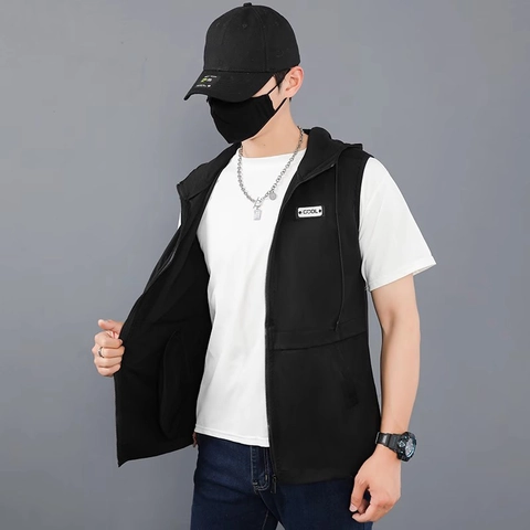 Men Hooded Utility Vest Polyester Casual Sleeveless Jacket Zipper Pockets Solid Black Fashion Waistcoat For Men