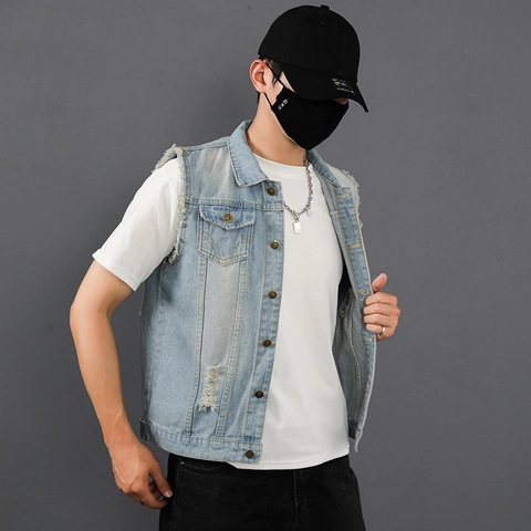 Heren Casual Denim Vest Gescheurd Katoen Slim Fit Mouwloos Jack Met Gerafelde Randen Multi-Zakken Retro Gilet