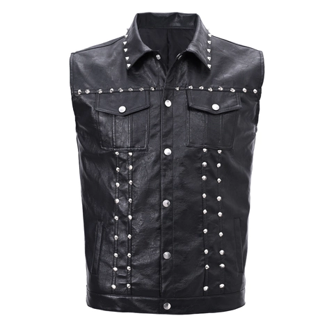 Herren Punk Rock Kunstleder Nieten Weste Ärmellos Motorrad Weste Schlanke Passform Biker Jacke Mode Schwarz Oberbekleidung