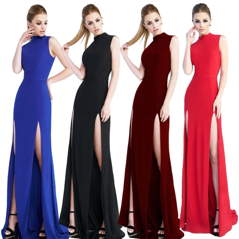 Elegante Damen Ärmelloses Kleid Stehkragen Maxi Kleid Doppelter Schlitz Schlanke Passform Abendkleid Formelle Party Bankett Langes Kleid