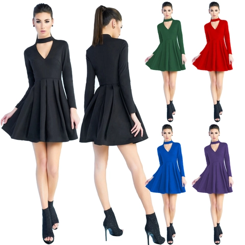 Women's Hollow Out V-Neck Long Sleeve Pleated Mini Dress Slim Fit High Waist Solid Color Elegant Cocktail Party Dress