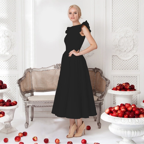 Elegantes Damen Midikleid mit Rüschenärmeln Rundhalsausschnitt Hohe Taille A-Linie Formelles Hochzeitsfeier Cocktailkleid