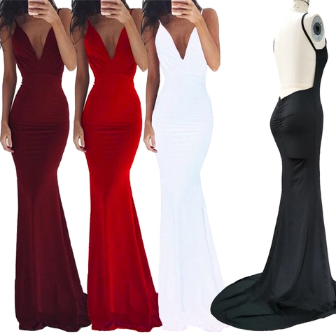 Sexy Rückenfreies Tief V-Ausschnitt Meerjungfrauen Abendkleid Elegant Spaghettiträger Polyester Langes Gewand Für Damen Bankett Party