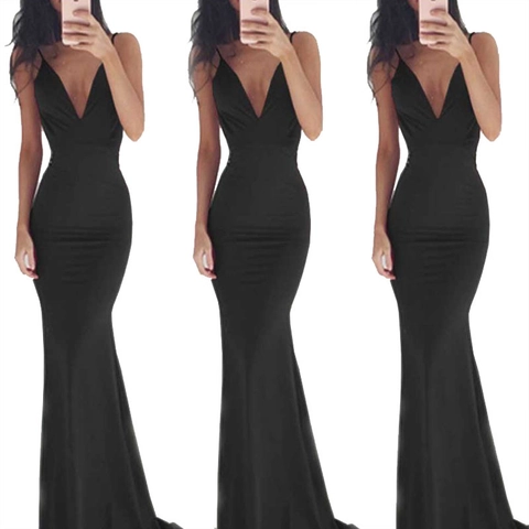 Sexy Rückenfreies Tief V-Ausschnitt Meerjungfrauen Abendkleid Elegant Spaghettiträger Polyester Langes Gewand Für Damen Bankett Party